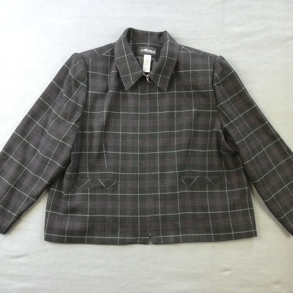 Sag Harbor Womens Blazer Jacket Wool Blend Black Purple Windowpane Zip Plus 24W
